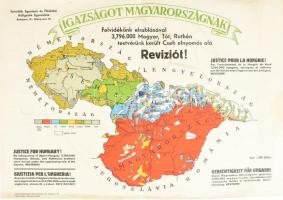 cca 1930 Igazságot Magyarországnak. Justice for Hungary! Csehszlovákia és Magyarország néprajzi megoszlását ábrázoló irredenta térkép. Felvidékünk elrablásával 3,796.000 magyar, tót, ruthén testvérünk került Cseh elnyomás alá. Reviziót! Bp., Felvidéki Egyetemi és Főiskolai Hallgatók Egyesülete, (Otthon-ny.), hajtott, szakadással, a hátoldalán brilliáns rajzzal, a sarkain kis lyukakkal, 35x50 cm.