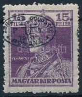 Debrecen I. 1919 Károly 15f fekete eltolódott felülnyomással / Mi 38b with shifted overprint. Signed: Bodor