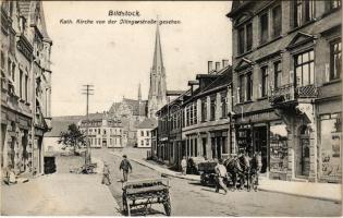 1909 Friedrichsthal (Saar), Bildstock, Kath. kirche von der Illingerstrasse gesehen,. Verlag Warenhaus Hans Dohm / Catholic church, street view, shop