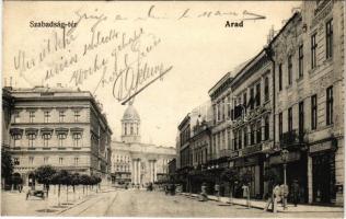 1906 Arad, Szabadság tér, gyógyszertár, Limbeck János és Fia, Moskovits és Pohm üzlete / square, shops, pharmacy