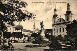 1912 Marosvásárhely, Targu Mures; Széchenyi tér, Kossuth park, templom, szobor, Bodor kút. Porjes S. Sándor kiadása / square, park, church, statue, well (fl)