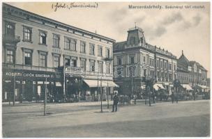 1911 Marosvásárhely, Targu Mures; Széchenyi tér, Transilvania szálloda, Kobrak cipő raktára, Heszke fodrász üzlete. Porjes S. Sándor kiadása / square, shops, hairdresser, hotel (EK)