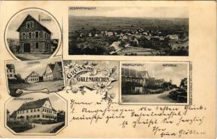 Schwäbisch Hall, Gruss aus Gailenkirchen, Gasthaus z. ochsen, Schulhaus, Rathaus, gesammtansicht, Handlung von M. Schulz Hauptstrasse / inn, school, town hall, general view, street view with shop. Art Nouveau, floral (fl)