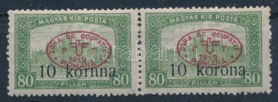 Debrecen 1919 Parlament 10K/80f pár, a bal oldali bélyegen kornna tévnyomat / Mi 36 pair with plate variety. Signed: Bodor (fogelválások / aparted perfs.)