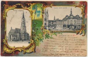 1901 Kolozsvár, Cluj; Fő téri templom, Vashíd körüli paloták, gyógyszertár. Rigó Árpád kiadása. Szecessziós litho keret / church, iron bridge with palaces, pharmacy. Art Nouveau, litho frame (EB)