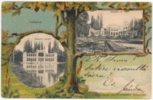 1901 Kolozsvár, Cluj; Sétatéri mulató és tó. Rigó Árpád kiadása. Szecessziós litho keret / promenade kiosk and lake. Art Nouveau, litho frame (EK)