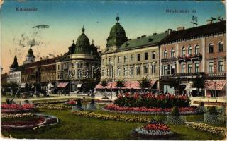 1914 Kolozsvár, Cluj; Mátyás király tér, Erdélyi Bank, drogéria, gyógyszertár, Haraszthy üzlete. Gibbon Albert kiadása / square, bank, pharmacy, shops (EK)