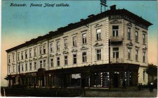 1916 Kolozsvár, Cluj; Ferenc József szálloda, Kerekes, Traurig üzlete. Lepage Lajos kiadása / hotel, shops (r)