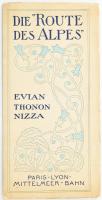 cca 1911 Die &quot;Route des Alpes&quot;, Evian, Thonon, Nizza, térképes prospektus, német nyelven, szecessziós (art nouveau) borítóval