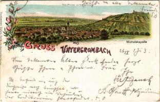 Bruchsal, Gruss aus Untergrombach, Michelskapelle / general view with chapel. Art Nouveau floral litho + FRANKFURT (MAIN) - FREIBURG BAHNPOST ZUG 930 (small tear)