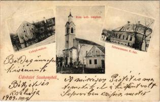 1909 Szakony, Csörgő malom, Római katolikus templom, Schwarzmann K. ház (EK)