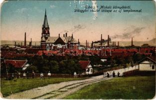 Diósgyőr (Miskolc), látkép az új templommal, vasgyár. Grünwald Ignác kiadása (EM)