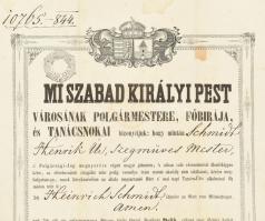 1844 Pest sz. kir. város polgárjogot adományozó oklevél, Schmidt Henrik szegműves mester részére, Sz...