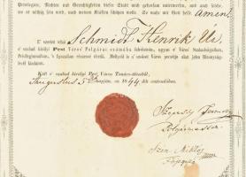 1844 Pest sz. kir. város polgárjogot adományozó oklevél, Schmidt Henrik szegműves mester részére, Sz...