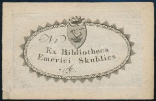 Ex bibliotheca Emerici Skublics, XIX.sz. eleje. Rézmetszet, papír, jelzés nélkül. 5x8 cm. Besenyői és velikei Skublics Imre Márton (1771-1830), Zala vármegye főjegyzője, táblabíró ex librise, nemesi címerével.