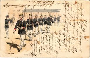 1898 (Vorläufer) Langsamer Schritt / Német katonák / German military, soldiers marching. Soldaten Postkarten Inf. 5. M. Seegen litho s: C. Becker