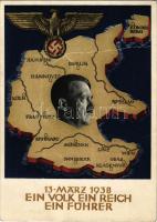 1938 März 13. Ein Volk, ein Reich, ein Führer! / Adolf Hitler, NSDAP German Nazi Party propaganda, map, swastika. 6 Ga. s: Professor Richard Klein + "1938 Wien" So. Stpl (fa)