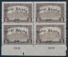 Bánát-Bácska 1919 Parlament 5K ívszéli négyestömb kettős felülnyomással / Mi 18 block of 4 with double overprint. Each stamps signed: Bodor (1 stamp hinged)