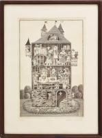 Molnár Gabriella (1940-): Ház. Rézkarc, papír, jelzett, számozott (3/5). Lap széle foltos. Üvegezett...