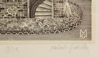 Molnár Gabriella (1940-): Ház. Rézkarc, papír, jelzett, számozott (3/5). Lap széle foltos. Üvegezett...