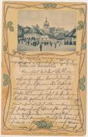 1902 Segesvár, Schässburg, Sighisoara; tér, Girscht üzlete. Fritz Teutsch kiadása. Szecessziós virágos litho keret / square, shops. Art Nouveau, floral, litho frame (EB)