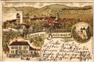 1901 Müllheim im Markgräflerland, Mille; Gruss aus Britzingen i. Baden, Gasthaus zur Krone, Ruine Neuenfels, Kirche u. Pfarrhaus. Verlag E. Erhard / general view, inn with fountain, castle ruins, church with parish. Art Nouveau with grape vines, litho (EK)