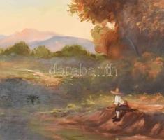 Olvashatatlan jelzéssel: Menyecske és a horgász. Olaj, fa. Dekoratív, üvegezett fakeretben. 31,5×42,...