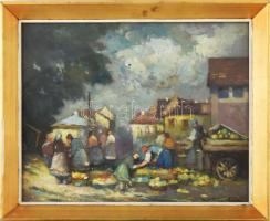 Kássa Gábor (1893-1961): Zuglói piac részlet. Olaj, karton, jelzett, hátoldalán a művész bélyegzőjével, üvegezett fakeretben, 30×38,5 cm