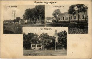 1914 Nagybajom, Somogynagybajom; utca, községháza, Református templom még az eredeti háború előtti állapotban (fl)