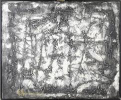 Dacian Andoni (1962-), román festő: Trasee I. Olaj, vászon, jelezve balra lent, hátoldalán bélyegzőkkel és címkén feliratozott, fakeretben, 60×73 cm / Dacian Andoni (1962-), Romanian painter: Trasee I. Oil on canvas, signed lower right, framed, 60×73 cm