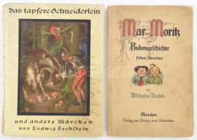 2 db német nyelvű mesekönyv: Das tapfere Schneiderlein und andere Märchen von Ludwig Bechstein. Stuttgart, é.n., Herold Verlag. Kiadói aranyozott kartonált papírkötés. + Wilhelm Busch: Max und Moritz. Eine Bubengeschichte in sieben Streichen. München, é.n., Braun und Schneider. Színes illusztrációkkal. Kiadói kartonált papírkötés.