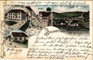 1907 Vogtsburg im Kaiserstuhl, Gruss aus Bischoffingen, Gasthaus rum Engel, Strasse, total / general view, hotel, street view. Art Nouveau floral (creases)