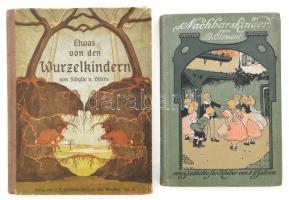 2 db német nyelvű mesekönyv: B. Clément: Nachbarskinder. Eine Geschichte für Kinder von 8-10 Jahren. Stuttgart, é.n., Verlag von Gustav Weise. Fekete-fehér illusztrációkkal. Kiadói egészvászon-kötésben, ex librissel, festett lapszélekkel. + Etwas von den Wurzelkindern von Sibylle v. Olfers. Esslingen und München, é.n., Verlag von J.F. Schreiber. Színes illusztrációkkal. Kiadói félvászon-kötésben.