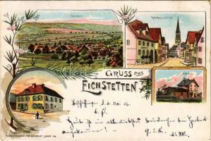 1906 Eichstetten am Kaiserstuhl, Oberdorf, Rathaus u. Kirche, Bahnhof, G. L. Pracht / general view, town hall, church, railway station with crane, hotel. Kunstanstalt Fr. Schmidt 2109. Art Nouveau floral litho (EK)