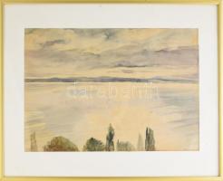 Udvary Pál (1900-1987): Balaton. Akvarell, papír, jelzett, üvegezett fa keretben, 28x40 cm