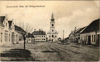 1927 Gyanafalva, Jennersdorf; Platz mit Kriegerdenkmal / Fő tér, templom, Hősök szobra, üzlet / main square, church, military heroes monument, shop (EK)