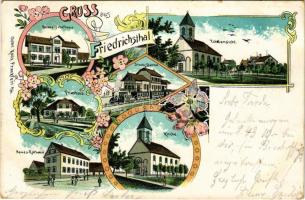 1907 Friedrichsthal (Saar), Kirche, Neues Rathaus, Staats-Bahnhof, Pfarrhaus, Neues Schulhaus, totalansicht / church, new town hall, railway station, rectory, new school, general view. Gebr. Roos Art Nouveau floral litho (EB)