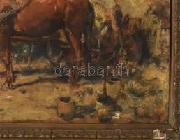 Jelzés nélkül, XX. sz. eleje: Lovak. Olaj, fatábla. Dekoratív, sérült fakeretben. 26x38 cm