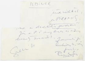 A Piramis együttes tagjainak dedikációja/aláírásai őket ábrázoló nyomtatványon (sarkán hiánnyal): Závodi János, Köves Miklós, Révész Sándor