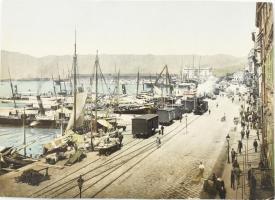 cca 1890 Fiume, kikötő hajókkal, gőzmozdonnyal, színes fotokróm nyomat, 21,5x15,5 cm / cca 1890 Fiume (Rijeka), harbour with ships, locomotive, photocrom print, 21.5x15.5 cm