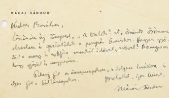 cca 1938 Márai Sándor (1900-1989) író autográf üdvözlő és gratuláló sorai ifj. Bókay János (1892-196...