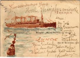 1898 (Vorläufer) Norddeutscher Lloyd Dampfer "Kaiser Wilhelm der Grosse" / German steamship litho (vágott / cut)