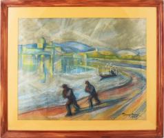 Tipary Dezső (1887-1967): Dunapart, háttérben Esztergom, 1925. Pasztell, karton, jelzett. Üvegezett ...