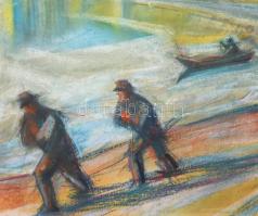 Tipary Dezső (1887-1967): Dunapart, háttérben Esztergom, 1925. Pasztell, karton, jelzett. Üvegezett ...