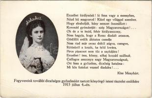 Erzsébet királyné (Sissi). Fegyvereink további dicsőséges győzelméért tartott könyörgő isteni tisztelet emlékére 1915. július 4-én. Kiadja a Katolikus Tisztviselőnők és Női Kereskedelmi Alkalmazottak Országos Szövetsége / WWI Austro-Hungarian K.u.K. military, patriotic propaganda with Empress Elisabeth of Austria (Sisi) (EB)