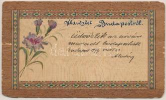 1899 (Vorläufer) Virágos üdvözlőlap fakéregből / Wooden greeting card made out of tree bark with flower (EM)