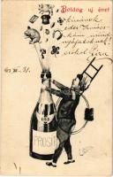 1903 Boldog Újévet! / New Year greeting art postcard, chimney sweeper with champagne, pigs and clovers (fl)