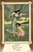 Im See. Ein Engel sei Dein Hort, heute und immerfort / girl in lake with guardian angel. German art postcard No. 1620. Art Nouveau golden embossed frame. litho