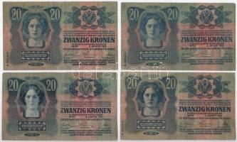 1913. 20K (4x) egy felülbélyegzés nélkül, egy piros "MAGYARORSZÁG" felülbélyegzéssel, egy ...