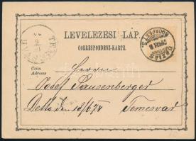 1874 2kr díjjegyes levelezőlap BAZIAS / BUDAPEST vasúti mozgóposta bélyegzéssel / PS-card with railway postmark